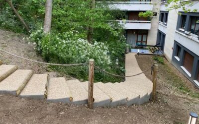 À Sèvres, nous avons récemment réalisé un projet remarquable : la création d’un escalier en béton désactivé dans un milieu naturel.